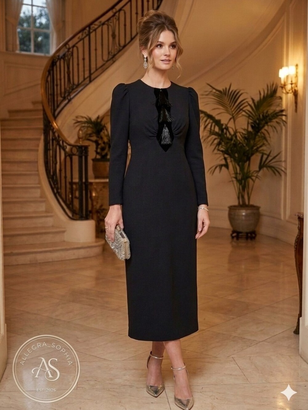 ANTONIO MELANI Alicia Black Long Sleeve Tassel-Detail Evening Midi Dress Size 0